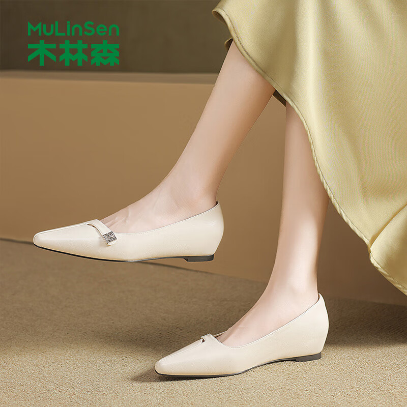 木林森女鞋时尚百搭浅口一脚蹬女士单鞋通勤简约休闲鞋女 米色 36 