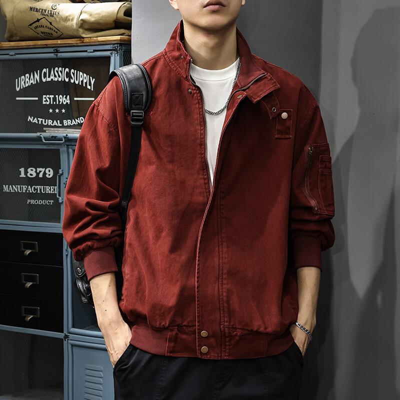 邦约恋人秋冬款立领纯棉工装男夹克美式复古潮牌猎装上衣宽松刺绣休闲外套 红色 3078 L 合适体重130-145斤