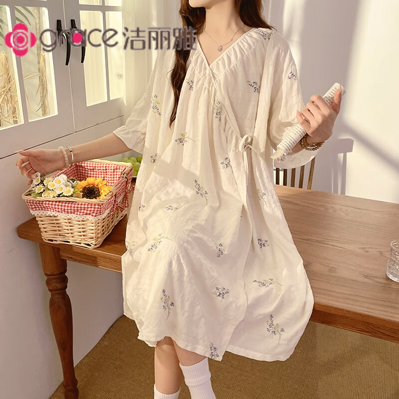 潔麗雅 GRACE新款公主睡裙女云朵棉和服睡袍薄款日系浴袍甜美夏天睡衣孕婦可穿 820-1# 175XXL