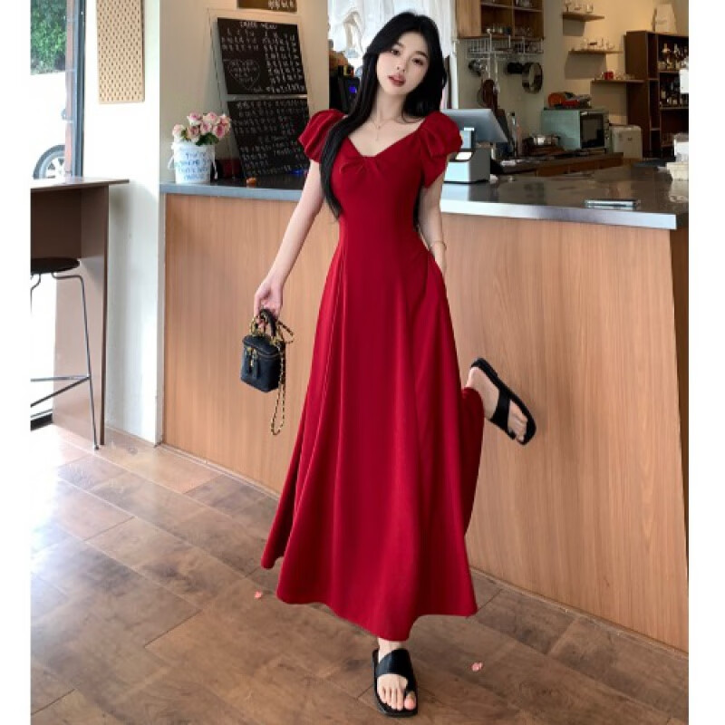 大码法式v领红色连衣裙女夏季新款设计感气质收腰显瘦礼服长裙 酒红色
