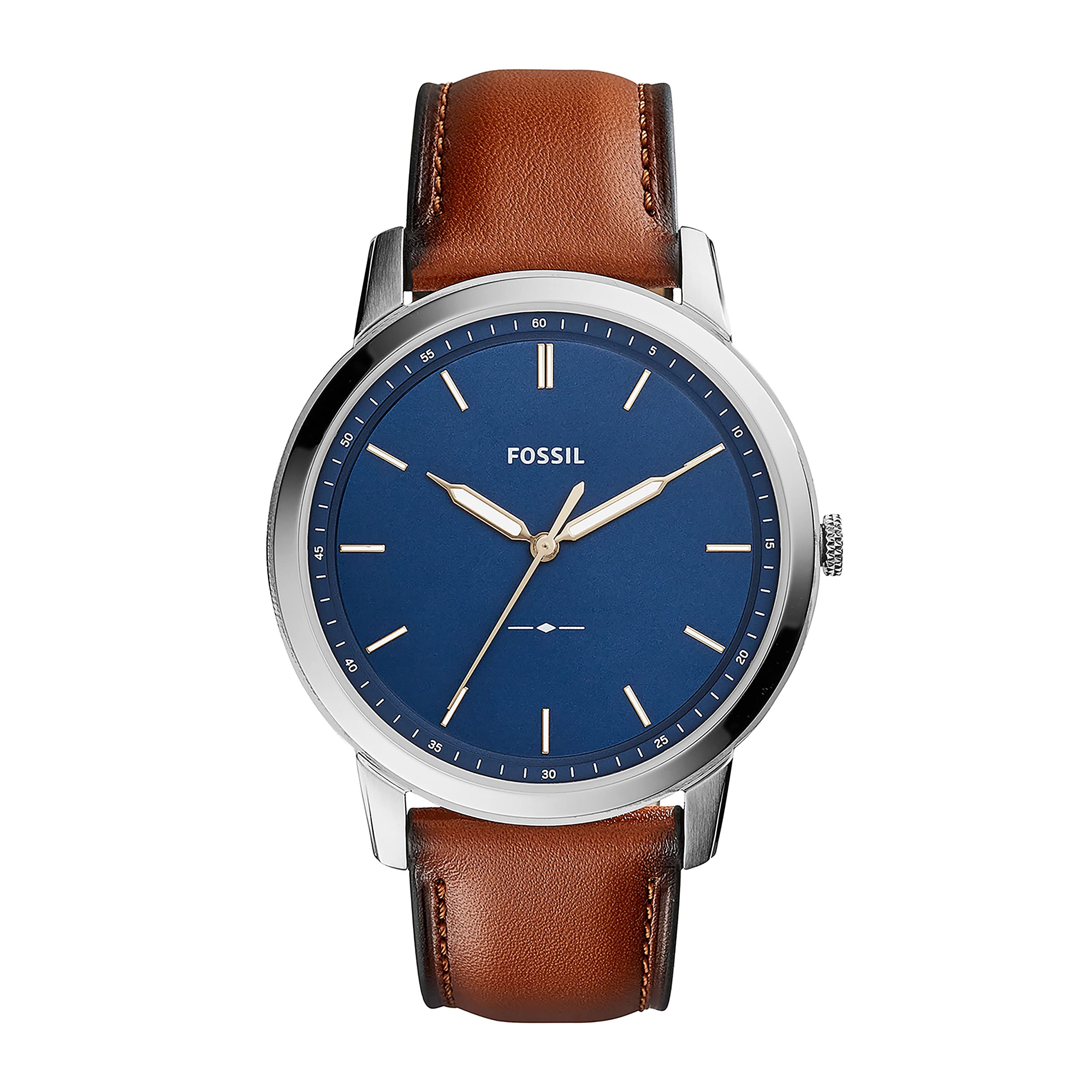 Fossil Men's Minimalist Quartz Stainless Steel and Leather 棕皮搭配银蓝色 One Size