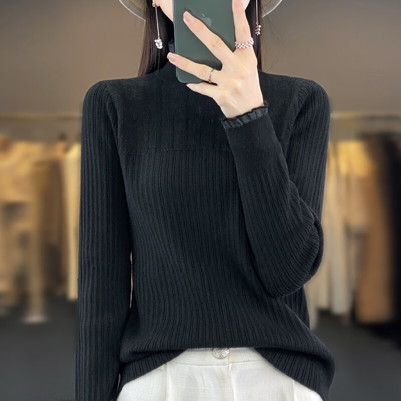 香影纯2025秋冬新款荷叶蕾丝花边半高领打底衫女长袖修身洋气内搭毛衣女 米色 S (建议95斤以内)