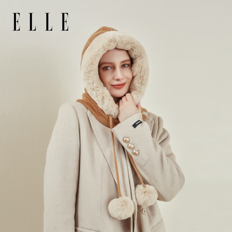 ELLE羊毛套头帽女士秋冬季户外保暖加绒加厚护耳针织雷锋帽子 棕色 京东折扣/优惠券