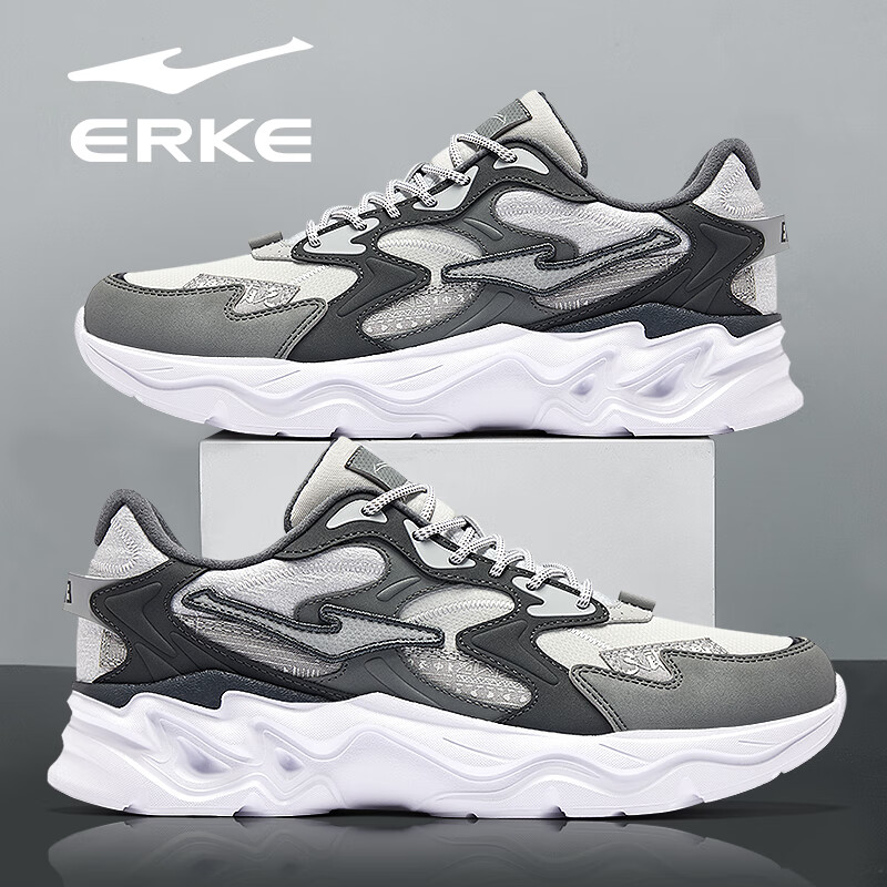 鸿星尔克（ERKE）男鞋2025秋冬新款增高休闲老爹鞋官方正品皮面保暖黑色软底运动鞋 白露灰/碳灰（革面）2004 39 【官方正品】