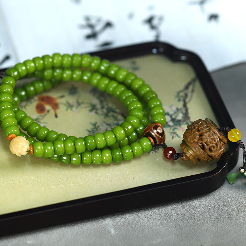 绿菩提项链108颗搭配设计款绿檀木草木绿菩提手串手链佛珠菩提子 仿绿