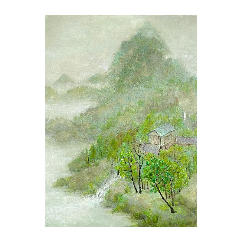 uhfr新中式绿色江南风景手绘油画国画风山水装饰画客厅挂画玄关肌理画