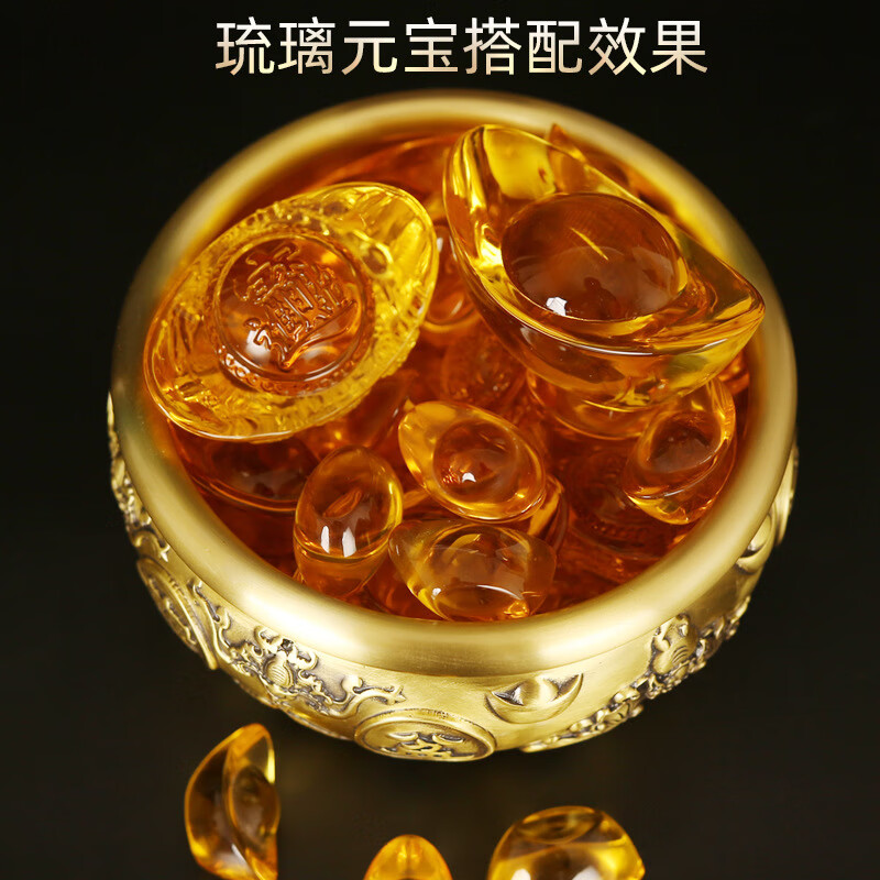 五福聚宝盆招财摆件聚财客厅装饰品工艺品新中式铜器黄铜 五福聚宝盆+底座+水晶+元宝+铜N