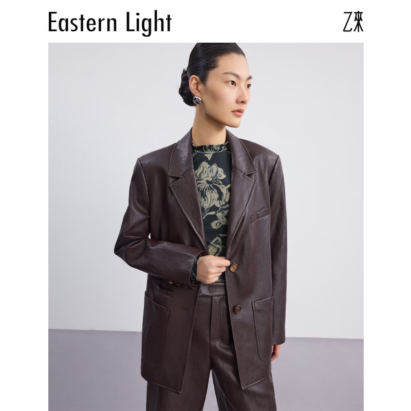 乙来（EASTERN LIGHT）西装外套女新款棕色皮衣宽松夹克上衣春秋款高级感小香风潮流 红棕色 L