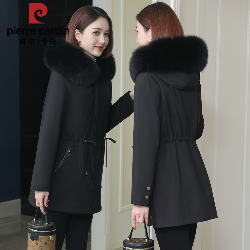 皮爾卡丹2025冬季新款派克服女外套狐貍真毛獺兔毛內(nèi)膽可拆卸海寧皮草 黑色 2XL 130斤到140斤
