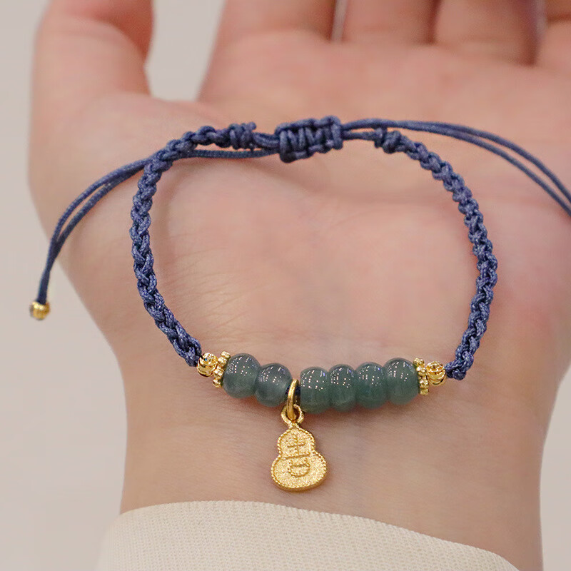 妙聚福 天然水晶手链 女韩版蓝水翡翠手饰手工编绳手链吉牌葫芦吊坠手
