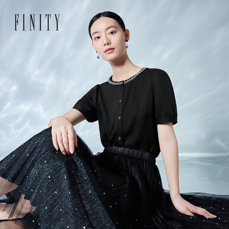 菲妮迪（FINITY）衬衫2025年夏季新款简约气质名媛小香风短袖上衣女 黑色 M