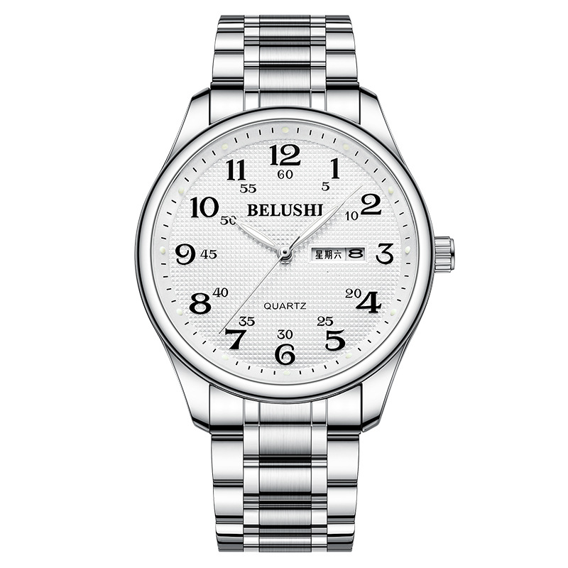 贝罗仕(belushi)老人手表男石英表大数字爸爸手表中老年人夜光双日历