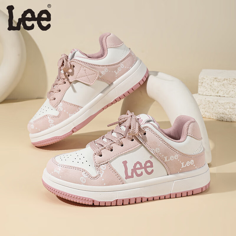 Lee儿童运动鞋春季新款透气百搭低帮板鞋魔术贴男女童鞋儿童休闲鞋 米白粉 29 【建议脚长178mm】