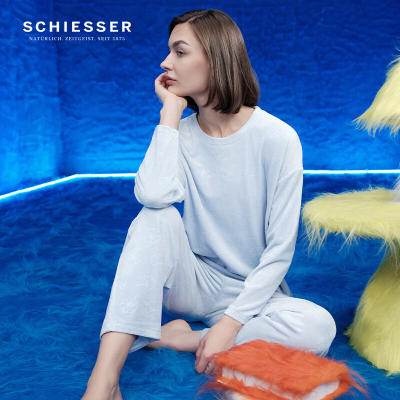 舒雅(Schiesser)女士厚款绒感压花吸湿透气圆领长袖长裤睡衣家居服套装E1/23292H 粉紫 L