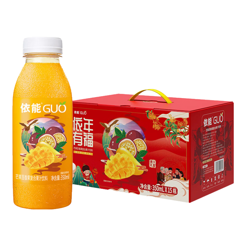 依能果汁飲料 山楂芒果送禮飲料果茶 日飲料禮盒 芒果百香果350ml*15瓶