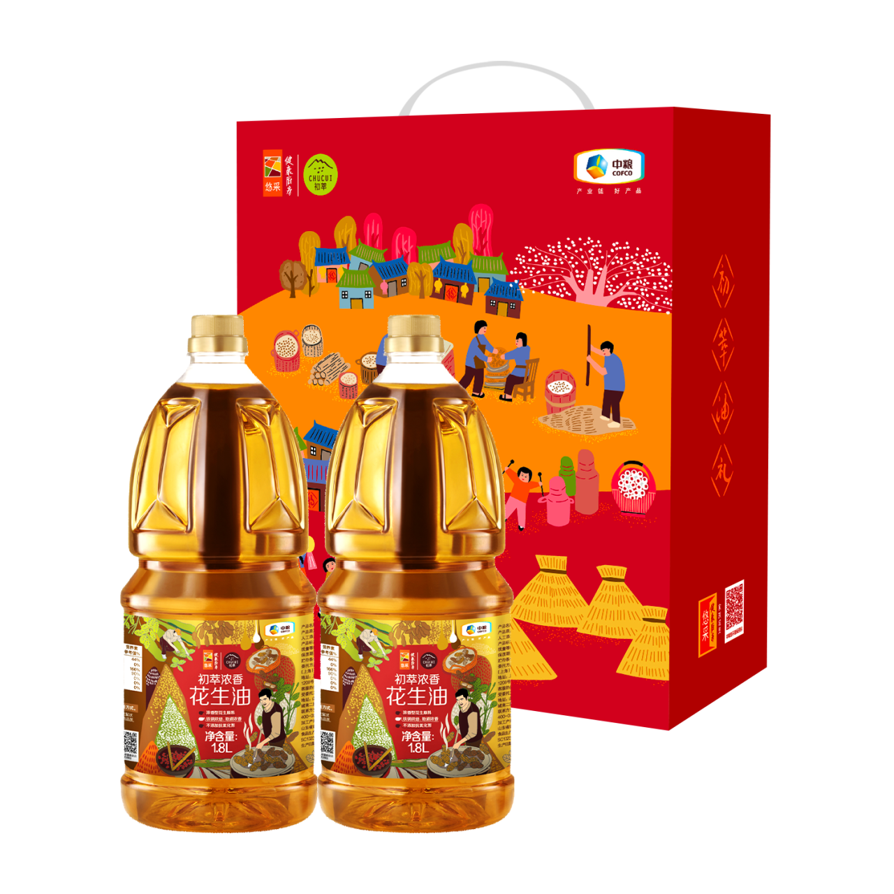 初萃中粮 食用油礼盒 花生油葵花籽油菜籽油玉米油亚麻籽油 节日礼品 花生油礼盒 1.8L*2瓶