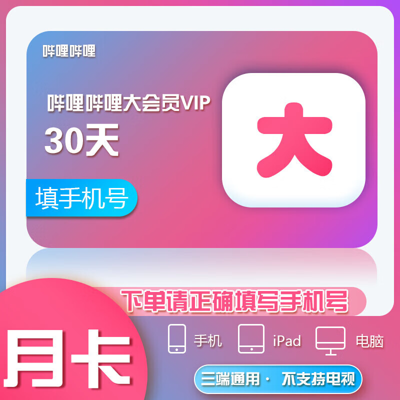 哔哩哔哩大会员月卡 bilibili大会员1个月 哔哩哔哩B站会员30天 不支持电视端 填手机号直充到账