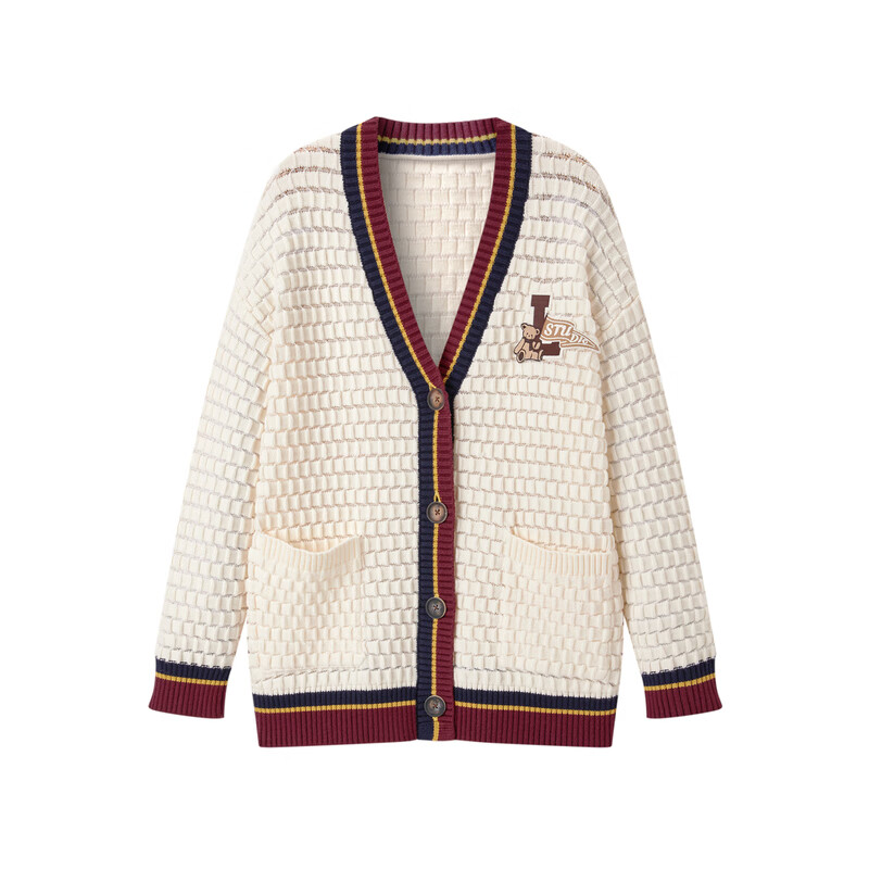 乐町秋冬新款撞色V领英伦风线开衫C2EDD4311 白色 M