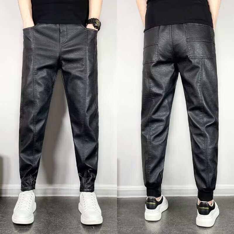 艺青男士皮裤加绒加厚骑行外卖代驾防风防水摩托车宽松保暖冬季皮棉裤