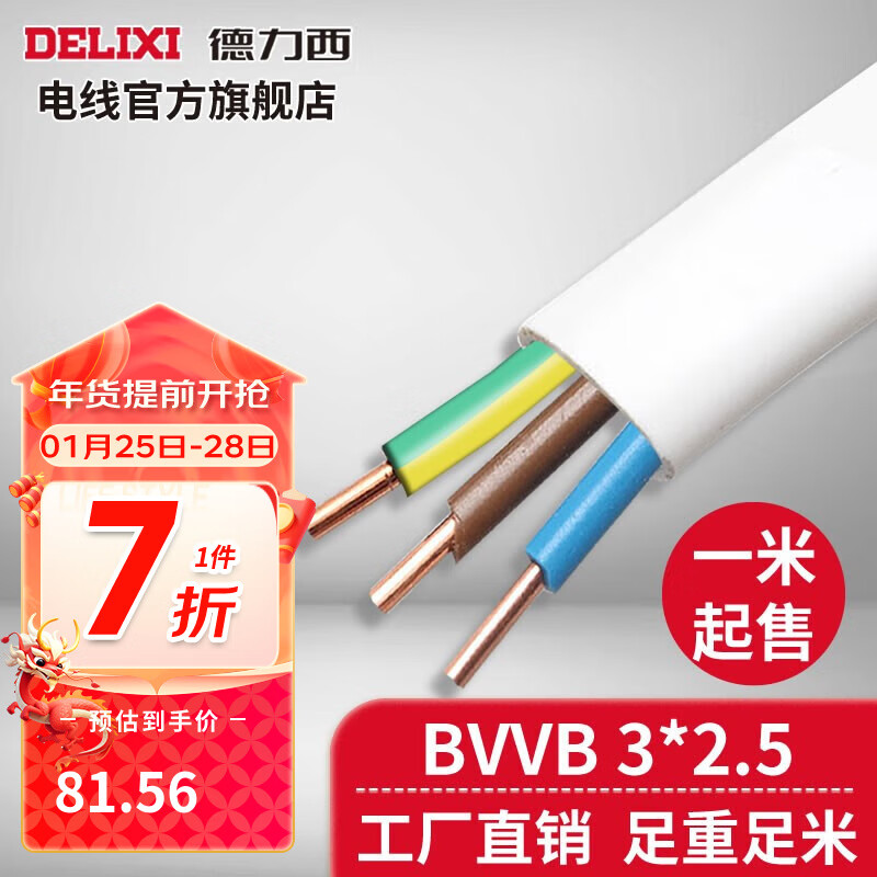 德力西（DELIXI）BVVB硬护套线三芯2.5平方铜芯电线国标明装扁平行线散剪不退换 白色(具有阻燃性能) 5米（默认连续，散剪不退换）