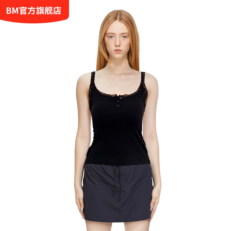BM小吊带背心上衣女夏无袖内搭蕾丝边甜辣妹设计感修身显瘦纯欲风 黑色【带胸垫】 均码