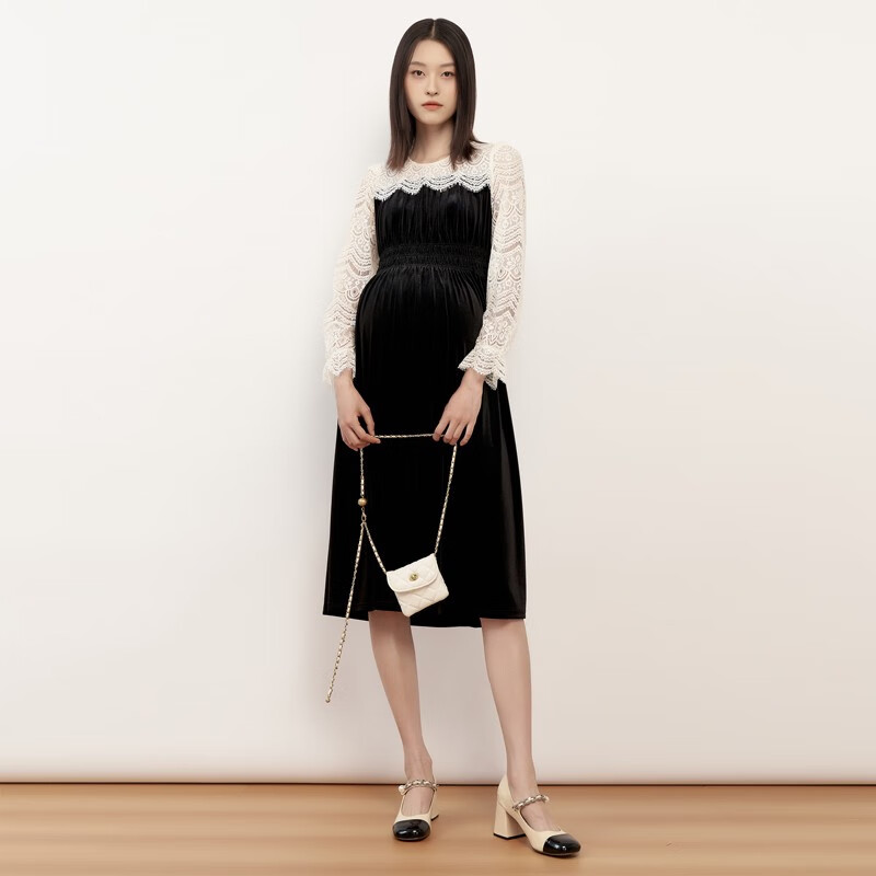 Sellynear孕妇装秋冬新款连衣裙经典赫本风丝绒蕾丝优雅气质款裙子显瘦 经典黑 S