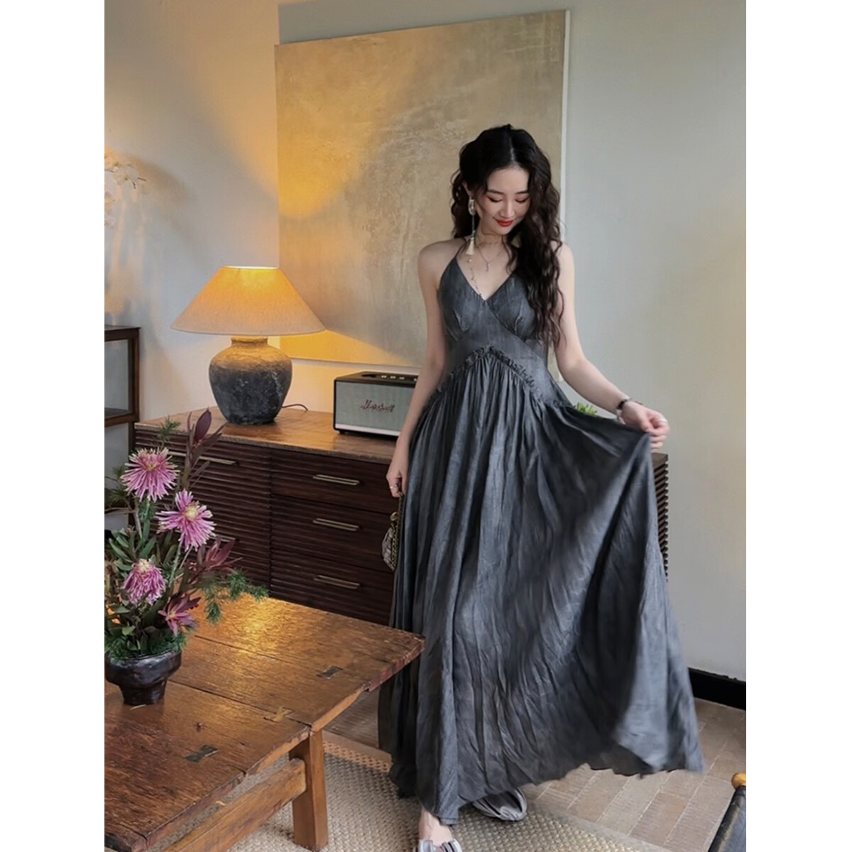 三吉黑花鹦鹉梨严选【浮香绕】国风新中式初春吊带连衣裙子女装长裙褶皱 星空灰 现货(48小时内发货) L 京东折扣/优惠券