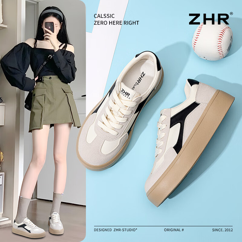 ZHR板鞋女厚底增高春秋新款潮流轻便百搭运动休闲鞋复古学生德训鞋女 米黑 35