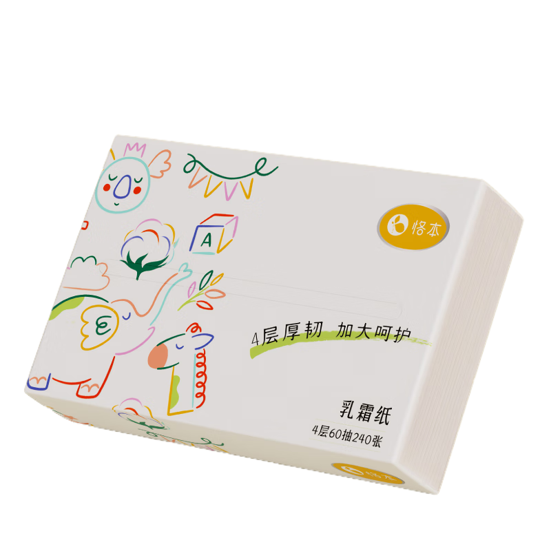 恪本柔纸巾 婴儿乳霜纸云柔巾保湿加大加厚175*140mm 4层 60抽*1包 软包装