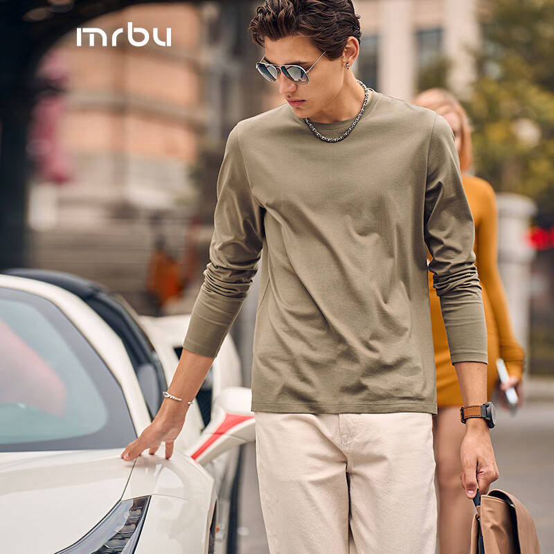 Mr.Bu布先生明星同款男士长袖T恤春秋季小白T情侣内搭打底衫纯色衣服 圆领-白桦绿 L (175)