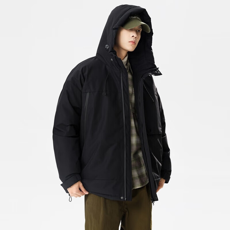 雪中飞新款情侣同休闲时尚连帽羽绒服男女款保暖通勤抽绳连帽 黑色|8056 4XL 190/104A