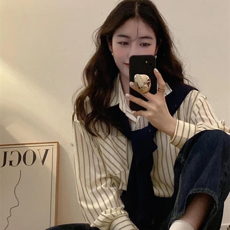 雷黛茜假两件条纹披肩衬衫女装秋季新款设计感小众盐系宽松长袖衬衣 杏色衬衫+蓝色披肩 S 建议80-90斤