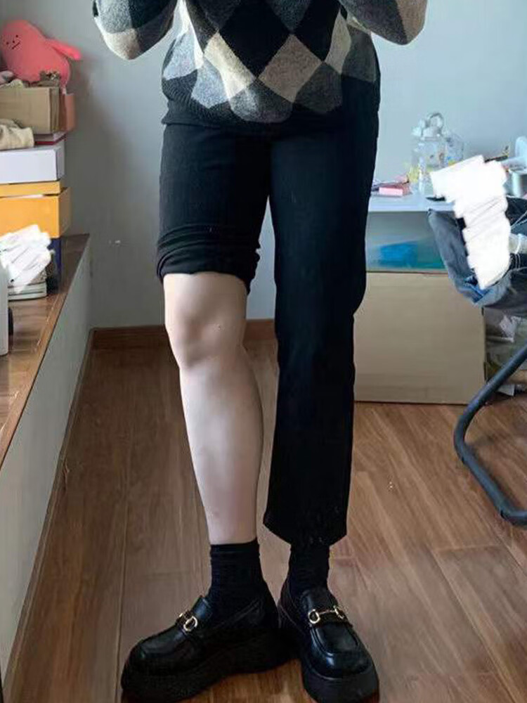 蔓夏黑色直筒牛仔裤女大号高腰显收腿粗微pang妹妹梨形身材200斤九分