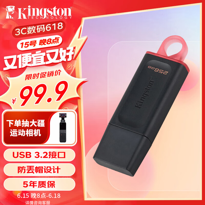 金士顿（Kingston）256GB USB3.2 Gen 1 U盘 DTX 大容量U盘 时尚设计 轻巧便携 学习办公投标电脑通用