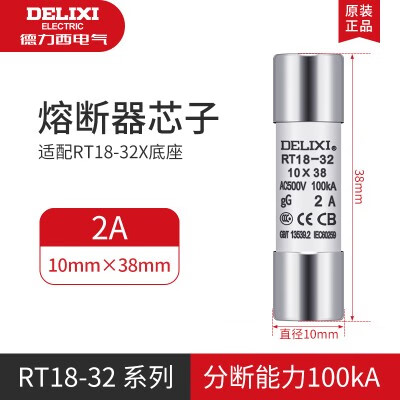 德力西電氣熔斷器熔芯RT18-32熔斷體6A16A32A圓形1P2P保險絲座10x38mm RT18  2A  10X38(10只)