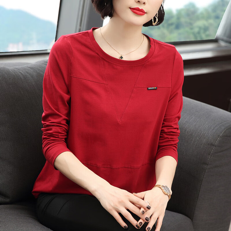 抒描春天衣服女打底衣服长袖t恤女2024春秋装新款休闲上衣春款 红色