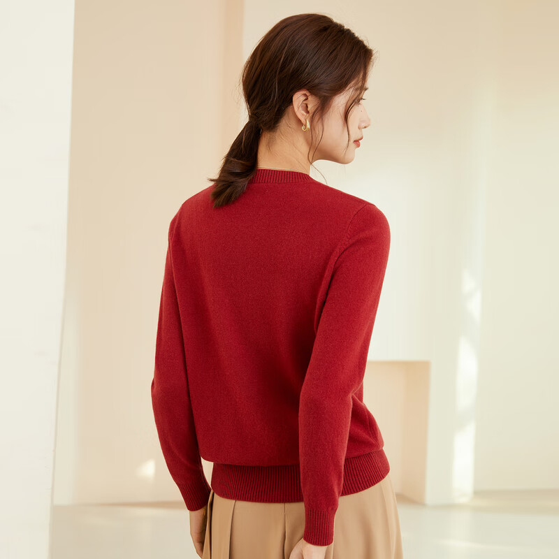 恒源祥圆领针织衫女纯羊毛衫秋冬纯色套头保暖简约内搭上衣打底女装毛衣 圆领+豆沙红 XL /175/96A