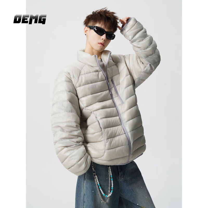 OEMG  撞色立领排骨羽绒服男士冬季简约印花保暖防寒上衣夹克外套 乳白色 【高品质】 XL [建议110-130斤]