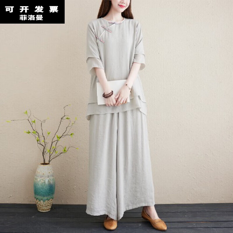 菲洛曼（FEILUOMAN）禅服佛系女春夏棉麻套装女高端亚麻中国风茶服新中式禅意居士服 灰色 XL【建议125-135斤】