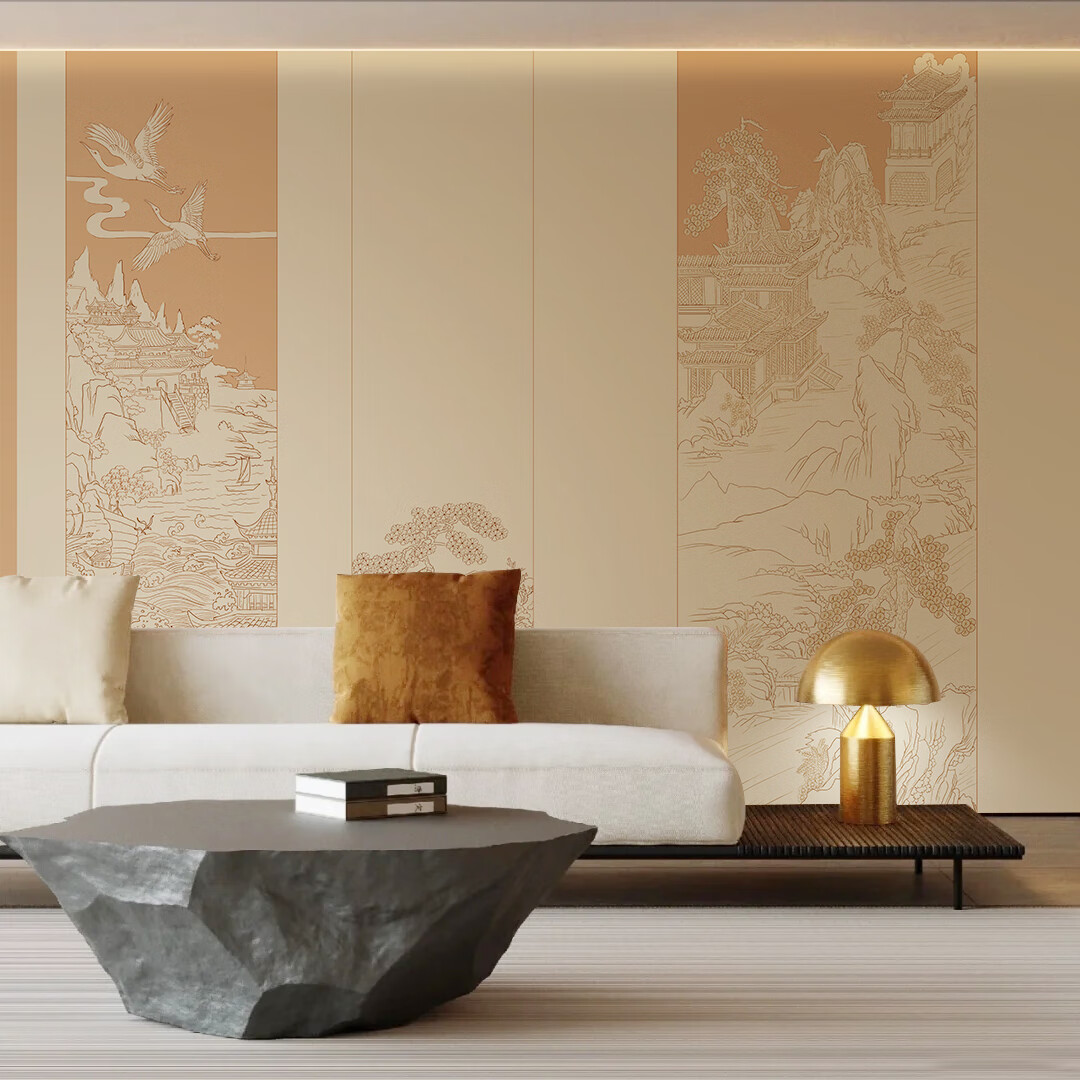 仁聚益新中式楼阁暖色装修风格背景墙壁布酒店装修高级感壁纸新古典