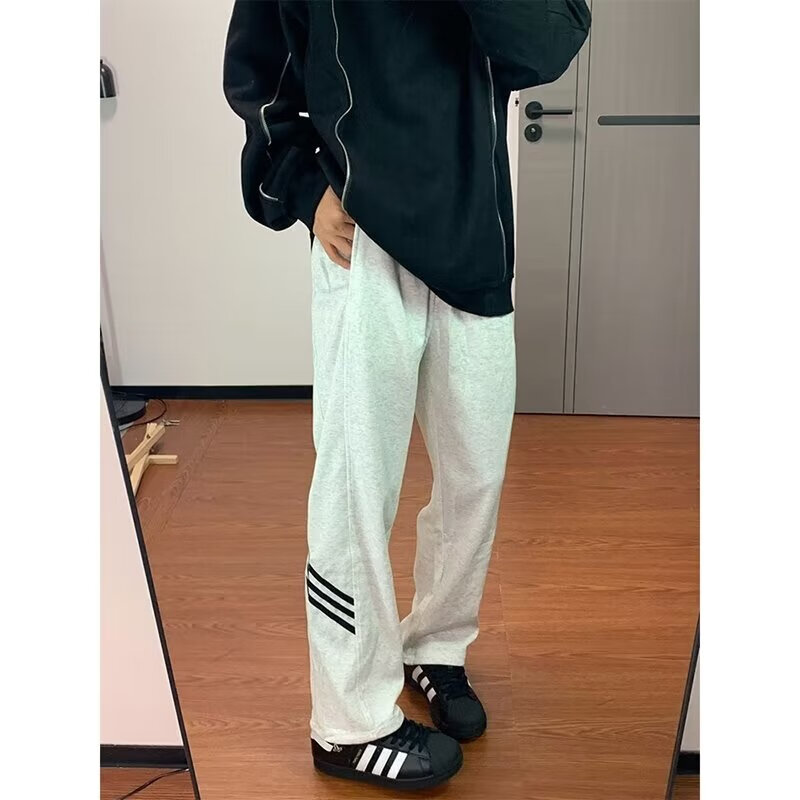 POUM休闲裤男百搭直筒宽松长裤男女美式条纹阔腿裤男日常慵懒风裤子男 BKEG-bk06灰色 2XL 【建议125-140斤】