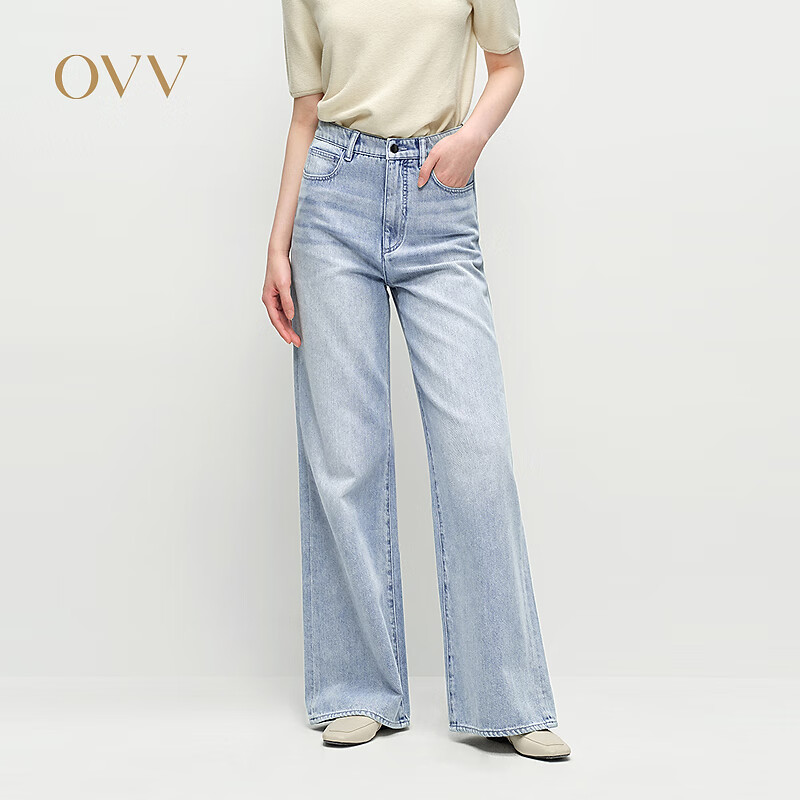 OVV2025春夏新款女装舒适柔软拖地裤简约中腰阔腿牛仔裤 浅牛仔蓝 26