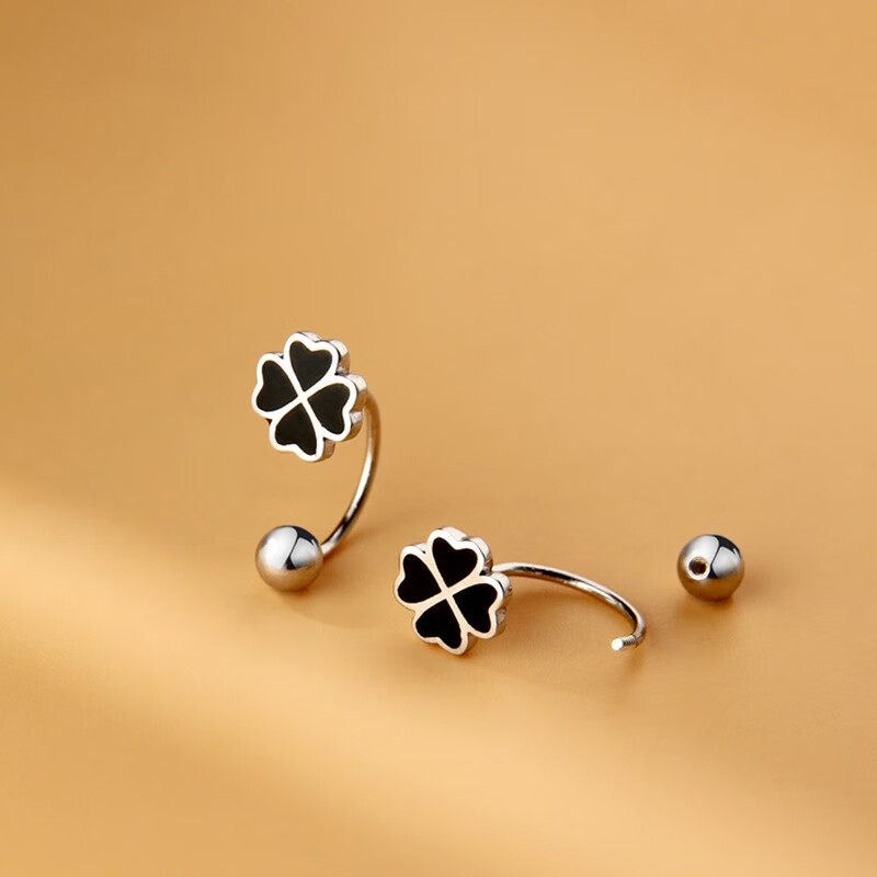 赤瑕宫银耳钉女四叶草耳环高级感螺丝帽耳饰精致气质文艺简约森系黑色