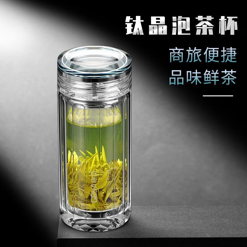 格亚(GEYA) 高档纯钛抑菌双层玻璃杯茶杯纯钛泡茶杯玻璃水杯子商务办公礼盒 钛滤网 180ML