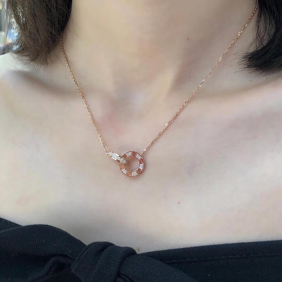【二手99新】卡地亚项链love系列 小圆饼双钻玫瑰金镶钻 双环项链