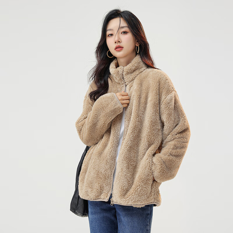 雪中飞早春新款防风袖口休闲立领软糯亲肤女士多色摇粒绒夹克外套女 米咖色|7082 L 165/88A