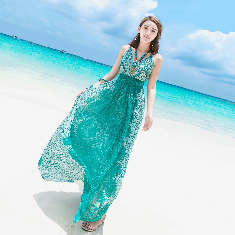 圣琪朵吊带超长裙到脚踝泰国风情裙子气质连衣裙红色仙海南三亚旅游沙滩 翠绿色 99   026 s