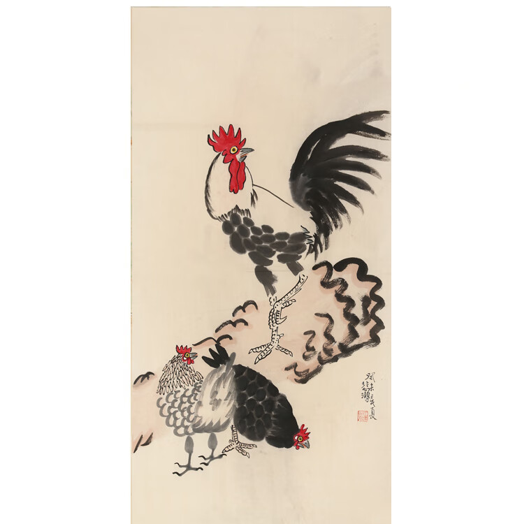 手绘名家大师徐悲红三尺竖幅精品画鸡图国画办公室客厅装饰带证书