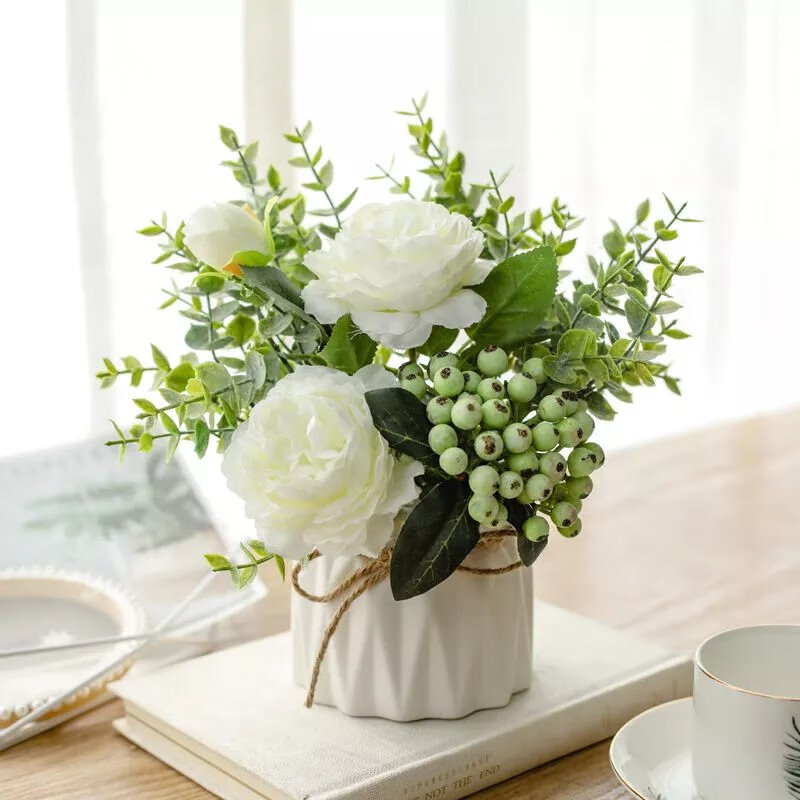 【优选】假花仿真花艺盆栽花瓶室内家居绿植摆件摆设客厅办公桌装 白色玫瑰套装