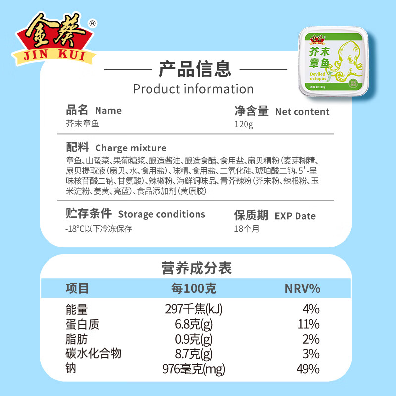 金葵芥末章鱼寿司料理下酒菜下饭菜食材海鲜冷冻即食小菜章鱼段 四盒